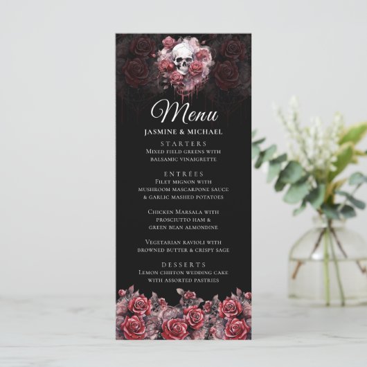 Moody Rode Bloemen Schedel Elegant Gotische Bruilo Menu (Staand voorkant)