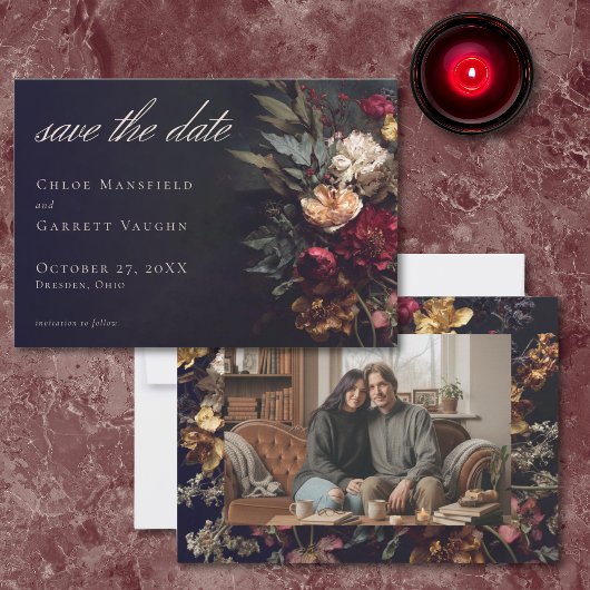 Moody Romantic Dark Floral Gothic Photo Wedding Save The Date
