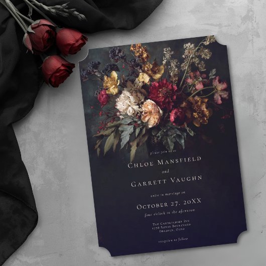 Moody Romantic Dark Floral Gothic Wedding Kaart