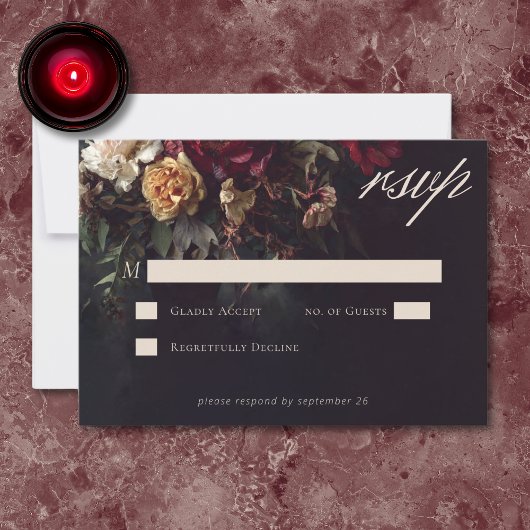 Moody Romantic Dark Floral Gothic Wedding RSVP Kaartje