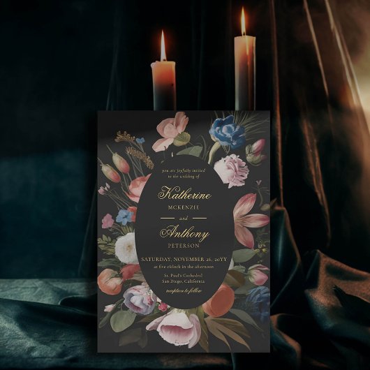 Moody Romantisch Floral Dreamy Zwart Lijst Bruilof Kaart