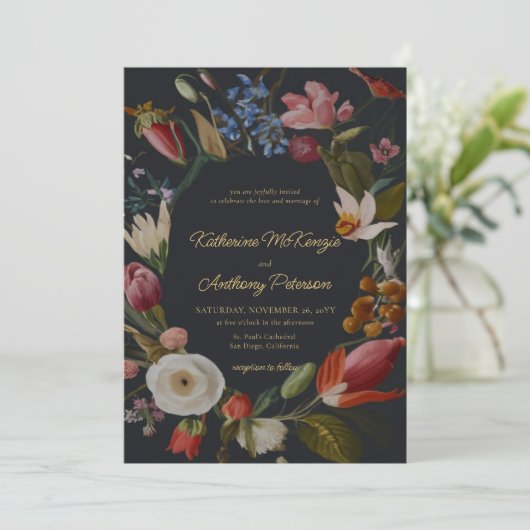 Moody Romantisch Gothic Donker Bloemen Lijst Bruil Kaart (Staand voorkant)