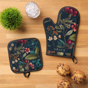 Moody Romantische Marine Blauwe Bloemen Ovenwant & Pannenlap Set