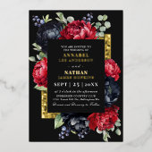 Moody rood en zwart Elegant Bloemen Huwelijk Folie Uitnodiging (Voorkant)