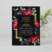 Moody rood en zwart Elegant Bloemen Huwelijk Folie Uitnodiging (Staand Voorkant)
