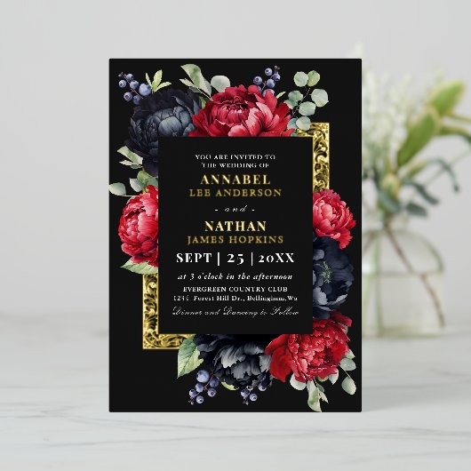 Moody rood en zwart Elegant Bloemen Huwelijk Folie Uitnodiging (Staand Voorkant)