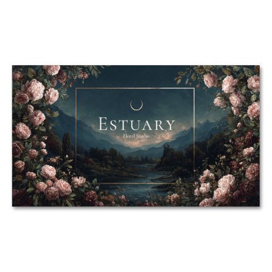 Moody Rose Floral and Twilight Mountain Landscape Magnetisch Visitekaartje (Voorkant)