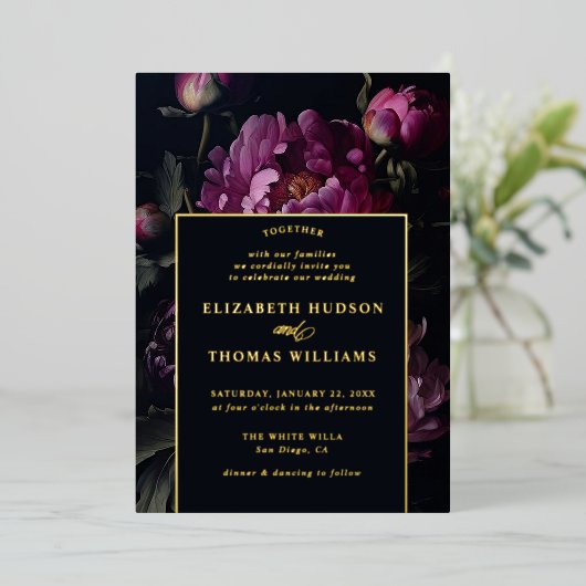 Moody roze pioen moderne  elegante bruiloft folie uitnodiging (Staand Voorkant)