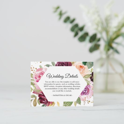 Moody & Rustic Bourgondië Waterverf Bloemen Lijst Informatiekaartje (Staand voorkant)