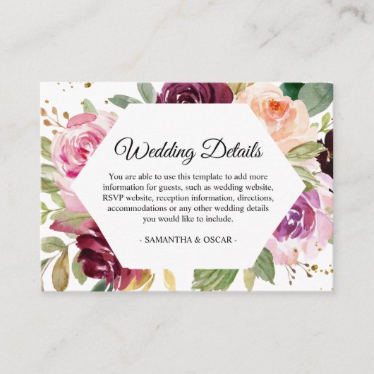 Moody & Rustic Bourgondië Waterverf Bloemen Lijst  Informatiekaartje (Voorkant)