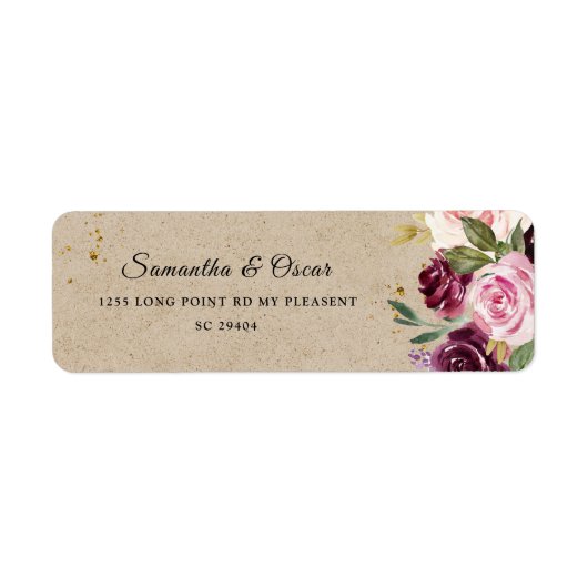 Moody & Rustic Burgundy Kraft Floral Lijst & Gold Etiket (Voorkant)