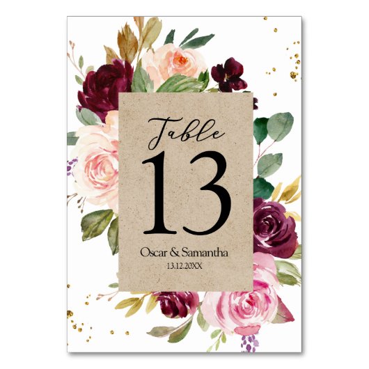 Moody & Rustic Burgundy Kraft Floral Lijst & Gold Kaart (Voorkant)
