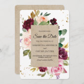 Moody & Rustic Burgundy Kraft Floral Lijst & Gold Save The Date (Voorkant / Achterkant)