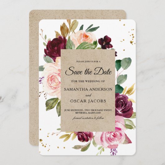 Moody & Rustic Burgundy Kraft Floral Lijst & Gold Save The Date (Voorkant / Achterkant)
