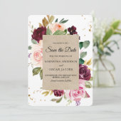 Moody & Rustic Burgundy Kraft Floral Lijst & Gold Save The Date (Staand voorkant)