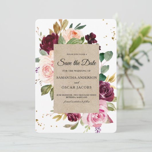 Moody & Rustic Burgundy Kraft Floral Lijst & Gold Save The Date (Staand voorkant)