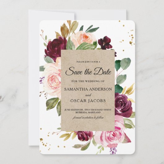 Moody & Rustic Burgundy Kraft Floral Lijst & Gold Save The Date (Voorkant)