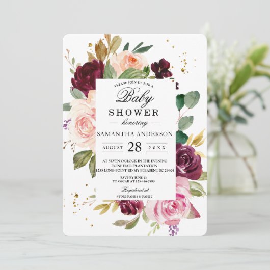 Moody & Rustic Burgundy Waterverf Floral Lijst Kaart (Staand voorkant)