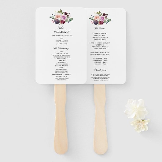 Moody & Rustic Burgundy Waterverf Flowers & Berry Handwaaier (Voorkant en achterkant)