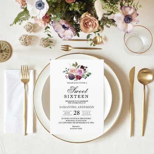 Moody & Rustic Burgundy Waterverf Flowers & Berry Kaart