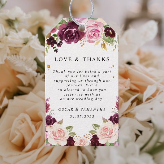 Moody & Rustic Burgundy Waterverf Flowers & Leaf Cadeaulabel