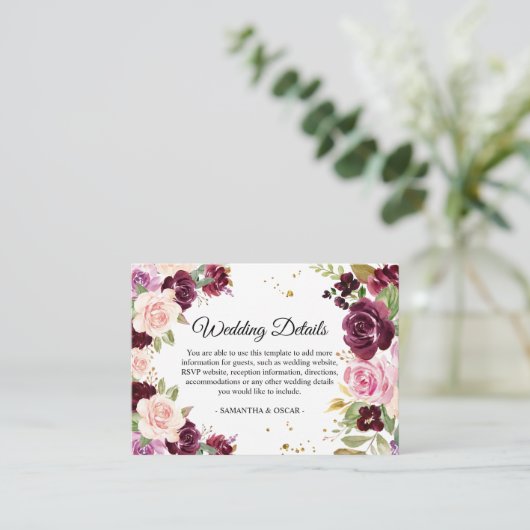 Moody & Rustic Burgundy Waterverf Flowers & Leaf Informatiekaartje (Staand voorkant)