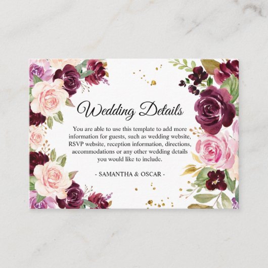 Moody & Rustic Burgundy Waterverf Flowers & Leaf Informatiekaartje (Voorkant)