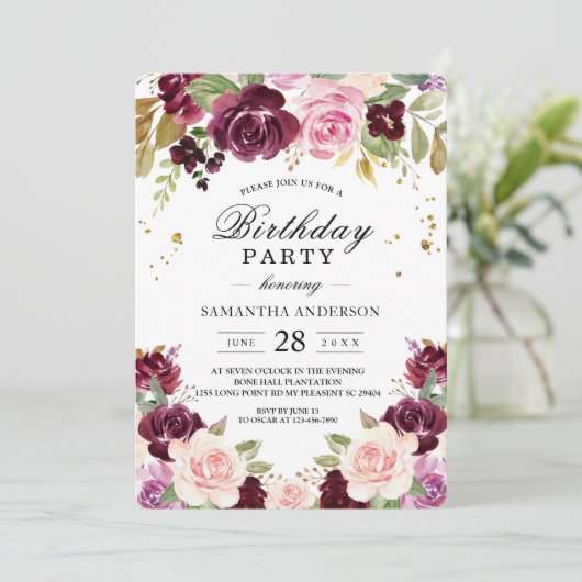 Moody & Rustic Burgundy Waterverf Flowers & Leaf Kaart (Staand voorkant)