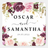 Moody & Rustic Burgundy Waterverf Flowers & Leaf Vierkante Sticker (Voorkant)