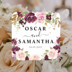 Moody & Rustic Burgundy Waterverf Flowers & Leaf Vierkante Sticker