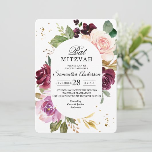 Moody & Rustic Burgundy Waterverf Flowers Lijst Kaart (Staand voorkant)