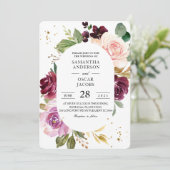 Moody & Rustic Burgundy Waterverf Flowers Lijst Kaart (Staand voorkant)