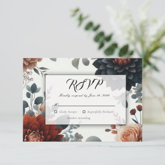 Moody Rustic Fall Florals Wedding RSVP Kaartje (Staand voorkant)