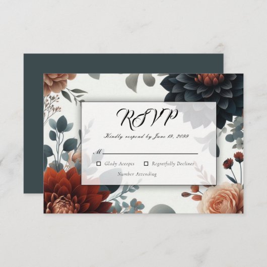Moody Rustic Fall Florals Wedding RSVP Kaartje (Voorkant / Achterkant)