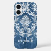Moody Sapphire Blue  Damask Pattern Name Case-Mate iPhone Case (Achterkant)
