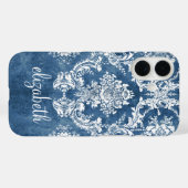 Moody Sapphire Blue  Damask Pattern Name Case-Mate iPhone Case (Achterkant (horizontaal))