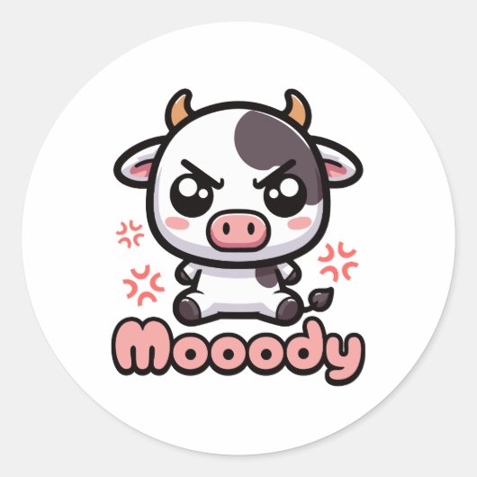 Moody! Schattigee Angry Koe Pun Cartoon Ronde Sticker (Voorkant)