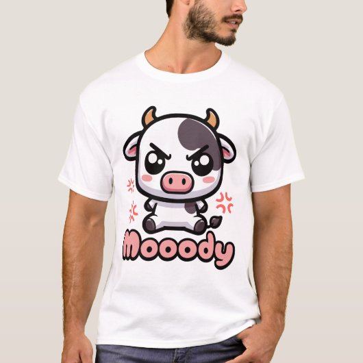 Moody! Schattigee Angry Koe Pun Cartoon T-shirt (Voorkant)