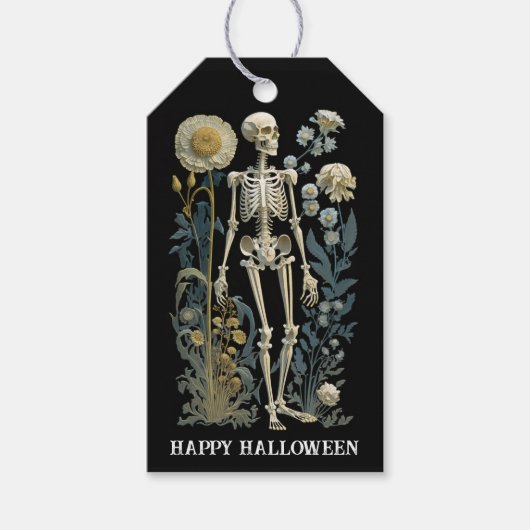 Moody Skeleton Halloween | Black Spooky Botanical Cadeaulabel (Voorkant)