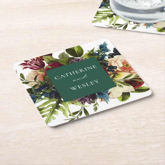 Moody smaragdgroene winter bloemenbruiloft kartonnen onderzetters (Schuin)