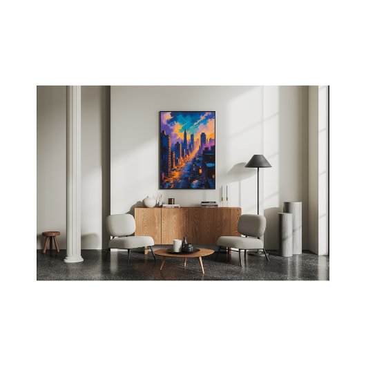 Moody stadsbeeld bij schemering met neonlichten foto afdruk