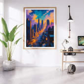 Moody stadsbeeld bij schemering met neonlichten foto afdruk