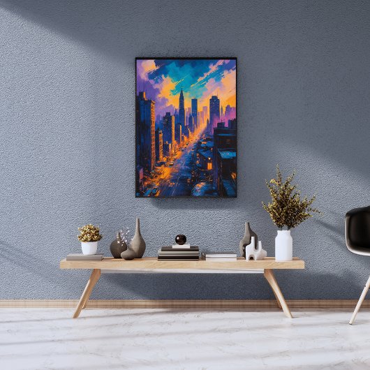 Moody stadsbeeld bij schemering met neonlichten foto afdruk