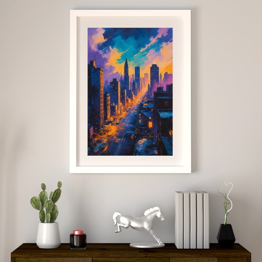 Moody stadsbeeld bij schemering met neonlichten foto afdruk