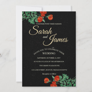 Moody Starry Night Crimson Roses Invitation Kaart