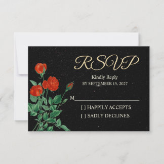 Moody Starry Night Crimson Roses Wedding RSVP Card Kaartje