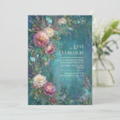 Moody Teal Watercolor Romantic Peony Wedding Kaart (Staand voorkant)