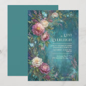 Moody Teal Watercolor Romantic Peony Wedding Kaart (Voorkant / Achterkant)