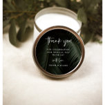 Moody Tropics Wedding Bedankt Ronde Sticker<br><div class="desc">Moody Tropics,  bruiloft bedankt sticker. Donkere tropische palmschijffotografie achtergrond met strakke witte typografie.</div>