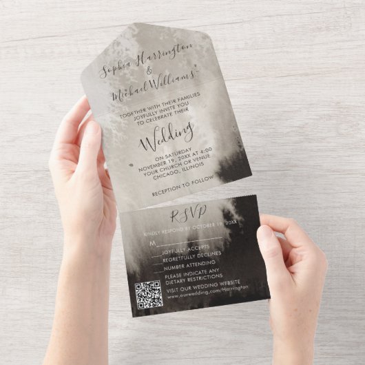 Moody Watercolor All in One Wedding Invite Trees Uitnodiging (Afscheurbaar)